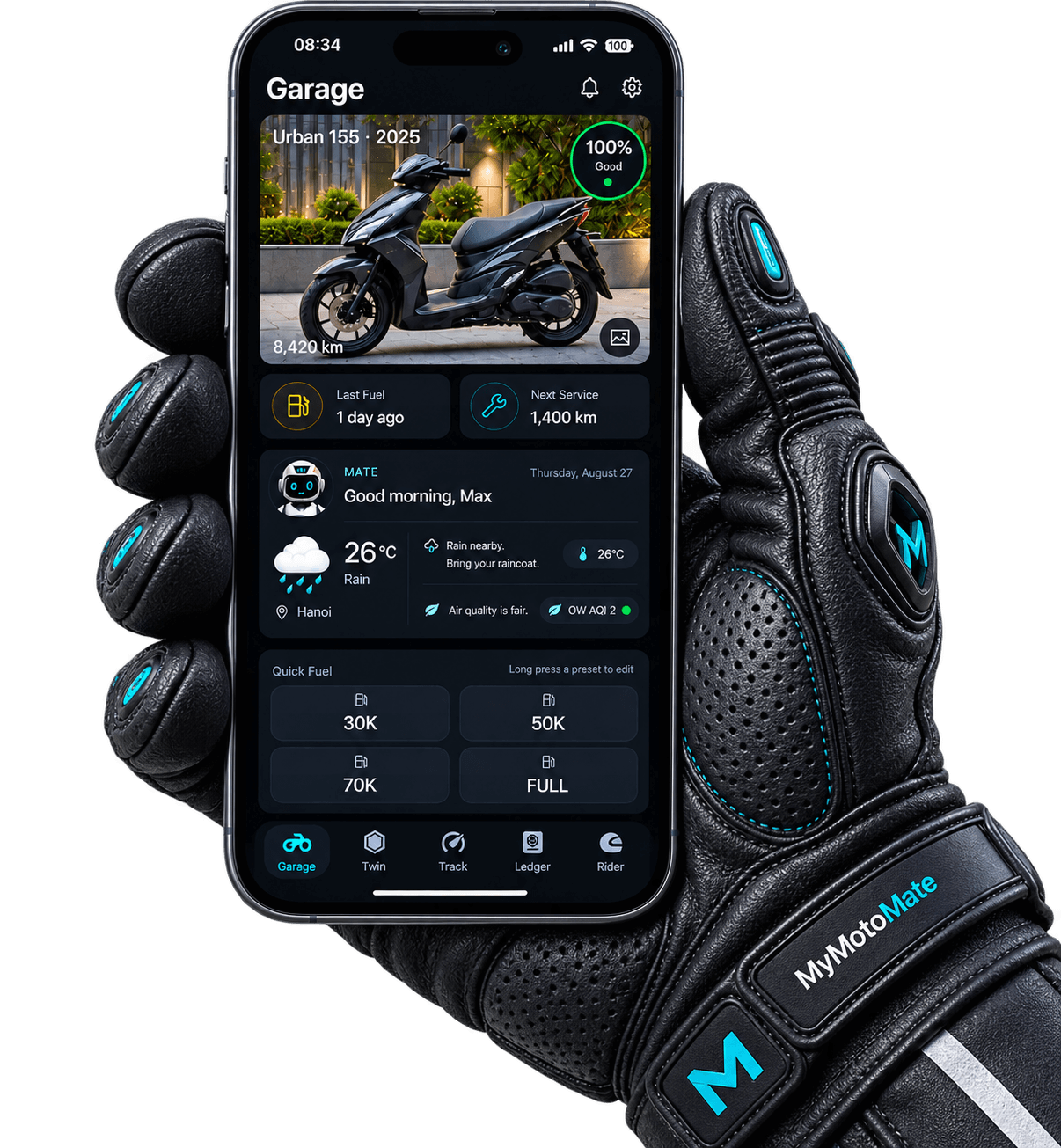 A motorcycle rider's black glove holding a smartphone.